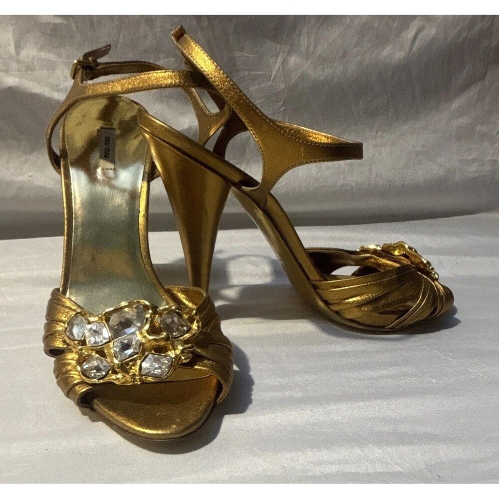 Miu Miu Gold Leather Rhinestone Ankle Strap Strappy Open Toe Heels 39.5